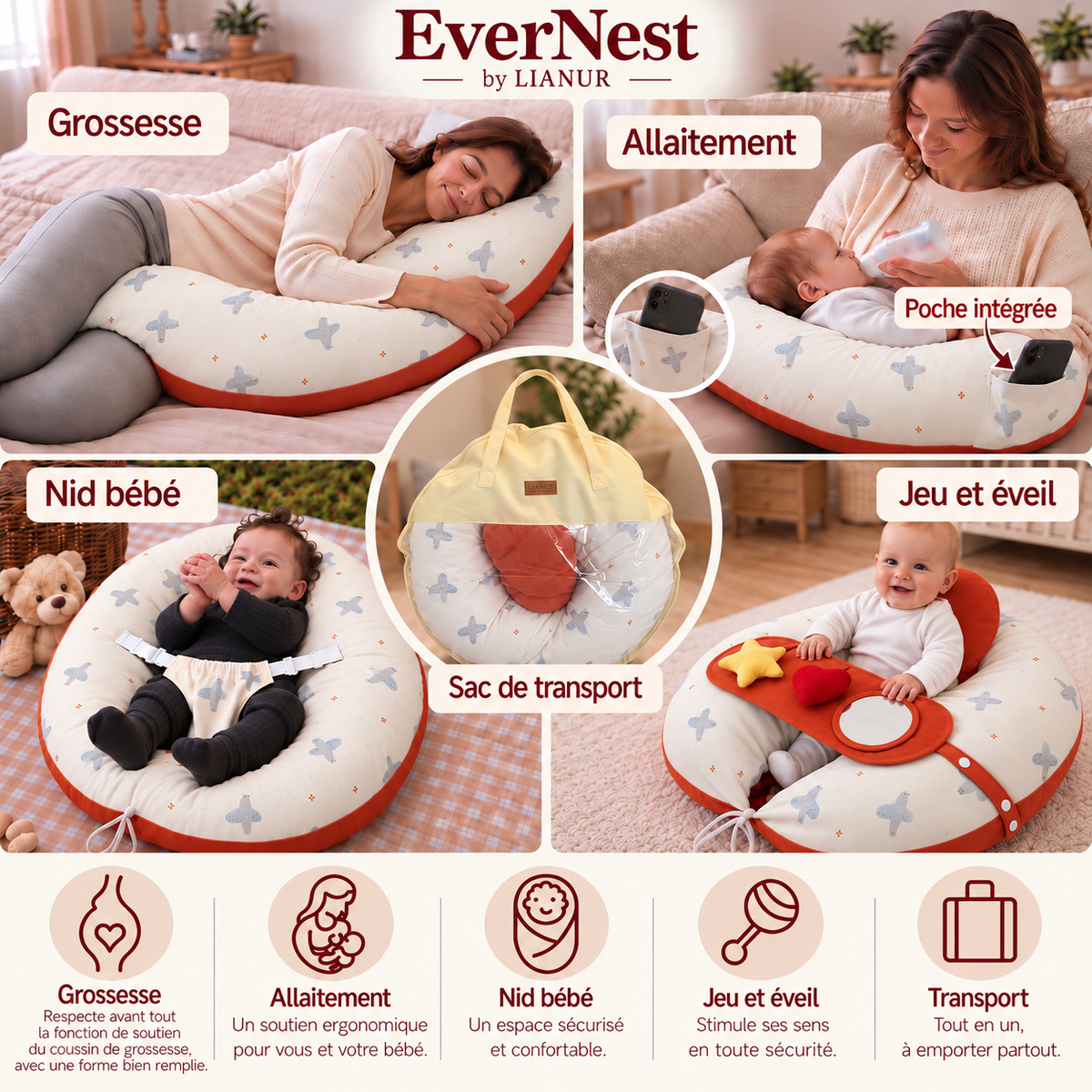 EverNest, coussin de grossesse XL 160 cm évolutif 5 en 1 | Lianur